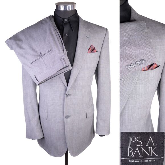 Jos. A. Bank 2-Pcs WOOL Gray Plaid Two Button Jacket Blazer Sz 42L Pants 36X30